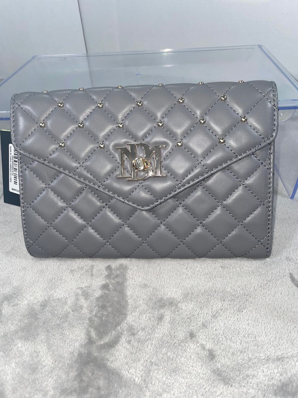 Badgley Mischka Gray Diamond Quilted Stud Embellished Crossbody Bag